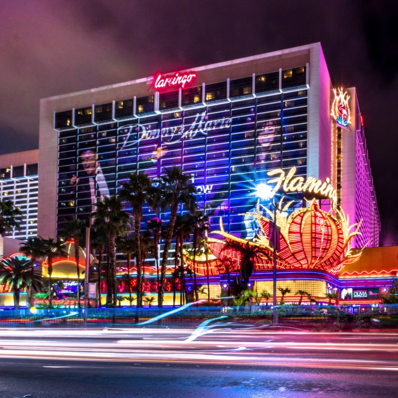 Las Vegas Strip and Flamingo Hotel Casino at night