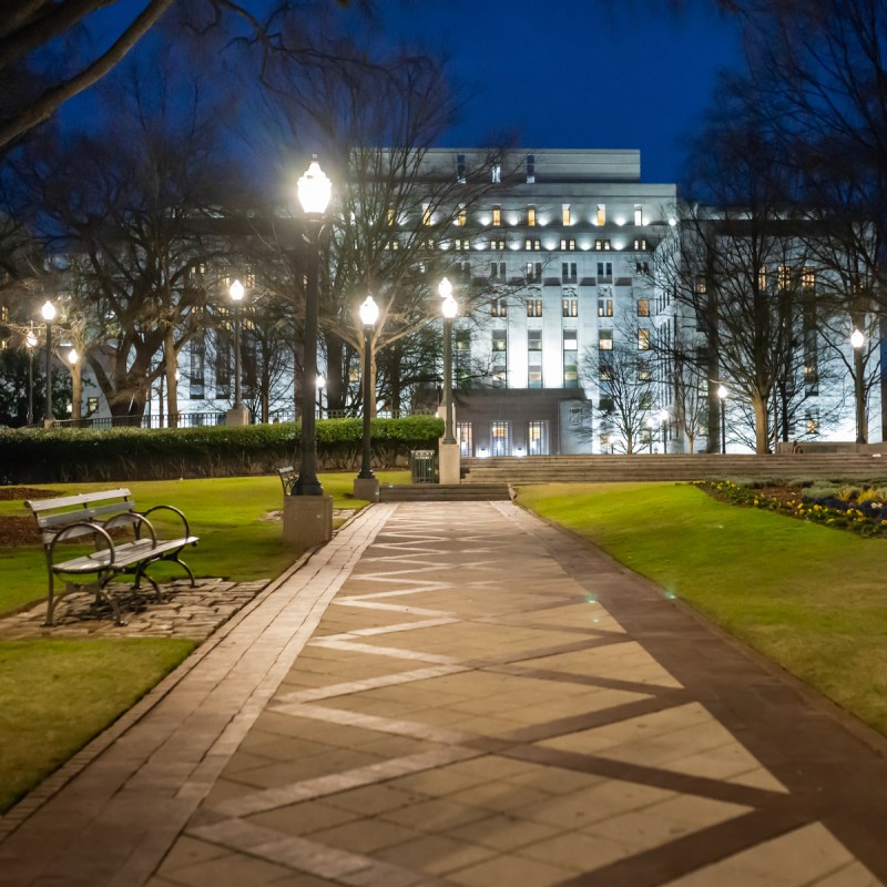 View of Jefferson County Courthouse from an empty Linn Park, Birmingham.