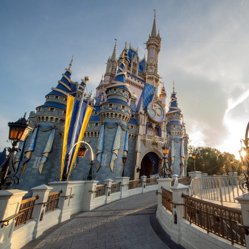 Cinderella's Castle decorated for Disney's 50th anniversary celebration.