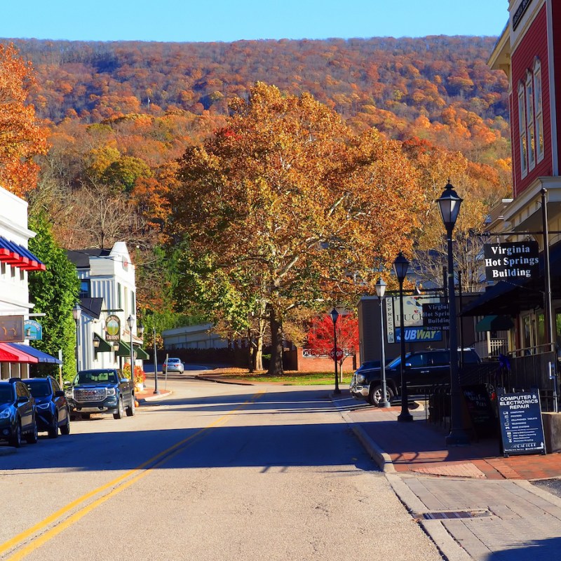 view of the main street of the Allegheny Mountain town of Hot Springs, Virginia
