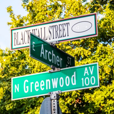 Black Wall Street at the corner of Archer Street and North Greenwood Avenue, Tulsa, Oklahoma.