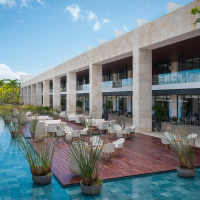 The outdoor restaurant and entertainment patio at Live Aqua Punta Cana. The outdoor restaurant and entertainment patio at Live Aqua Punta Cana, Dominican Republic