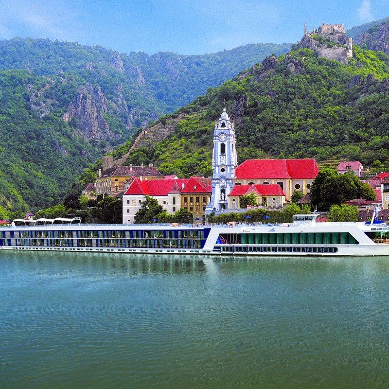 AmaBella in front of Dürnstein Castle along the Danube in Austria