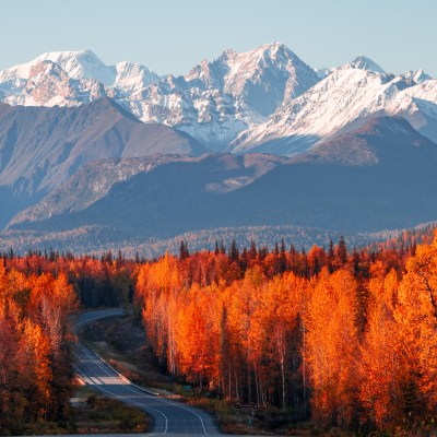 View of Denali, Mt Foraker and the Alaska range from the Parks Highway.