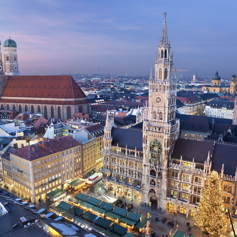 Munich, Germany. Aerial image of Munich, Germany with Christmas Market and Christmas decoration during sunset.