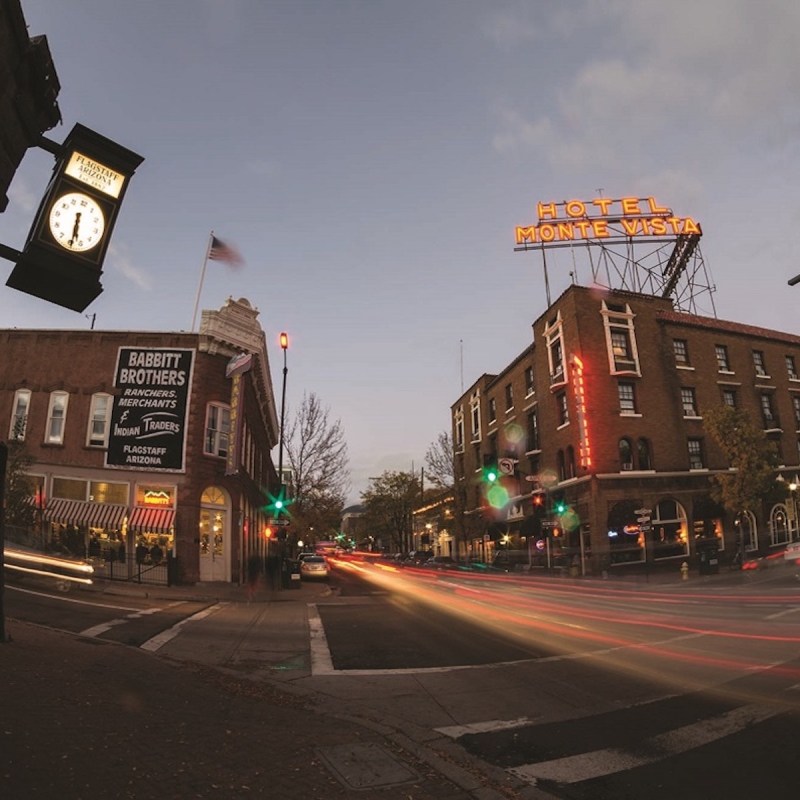 Looking north on San Francisco St. in historic downtown Flagstaff, Arizona, Hotel Monte Vista.