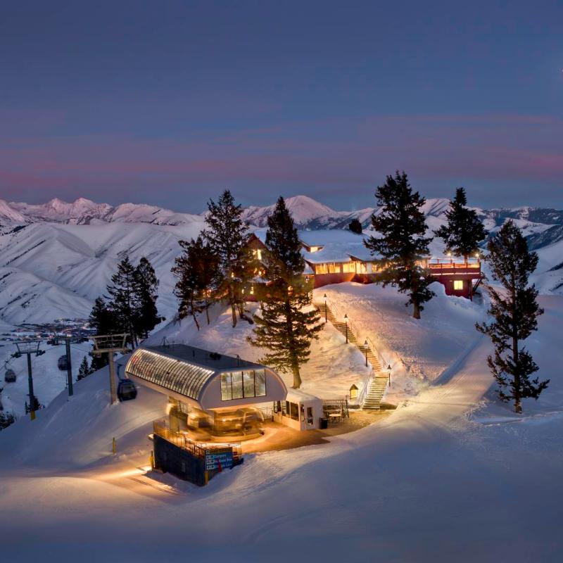 The Roundhouse restaurant at Sun Valley during winter at night