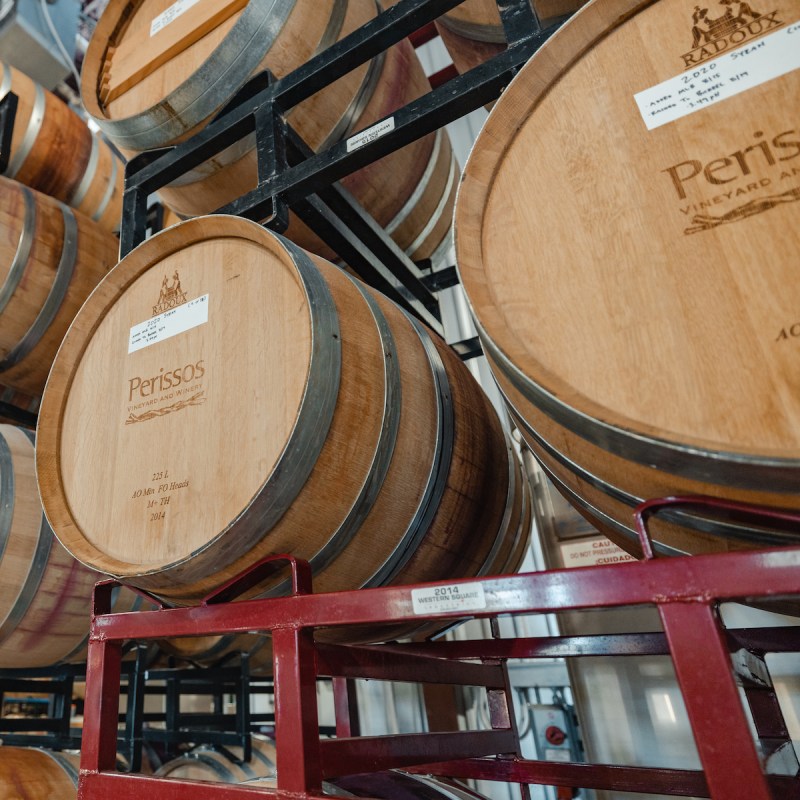 Casks of wine at Perissos Vineyard