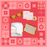 sunglasses, under eye mask, fuzzy blanket, cookie sheet on red holiday background