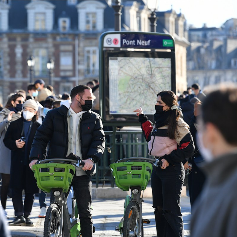 Masked pedestrians in Paris, France.