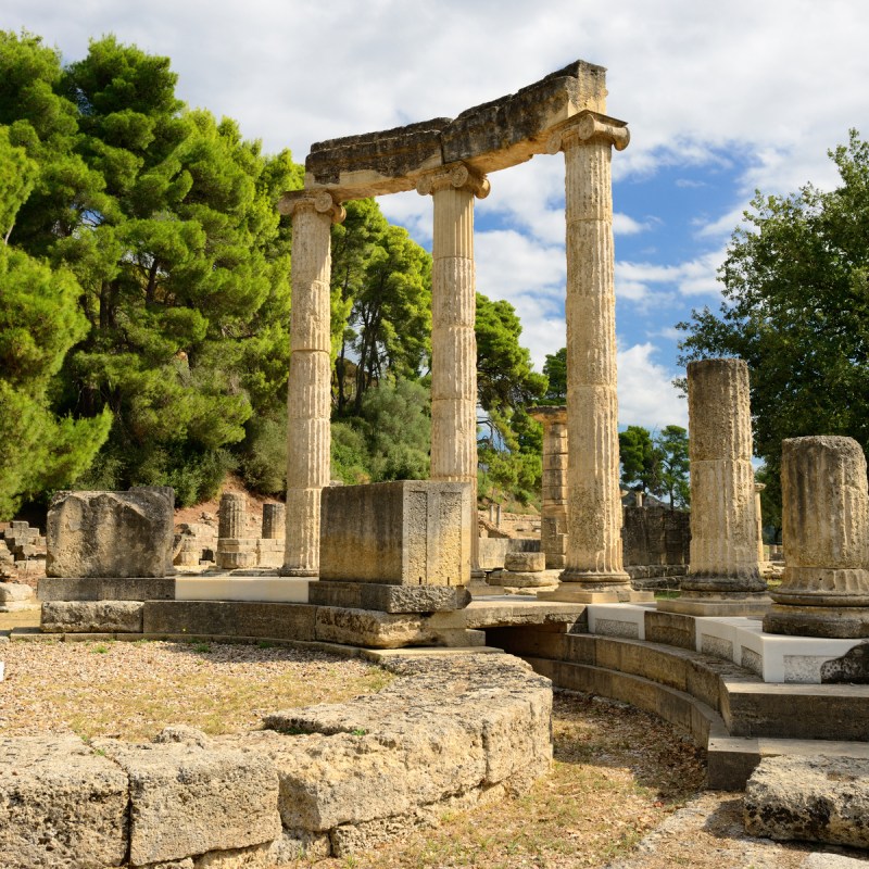 Greece Olympia, ancient ruins of the important Philippeion in Olympia, birthplace of the olympic games - UNESCO world heritage site