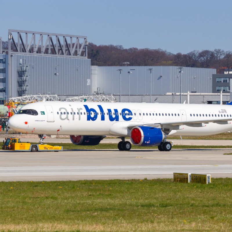 Airblue Airbus A321neo airplane at Hamburg Finkenwerder airport (XFW) in Germany.