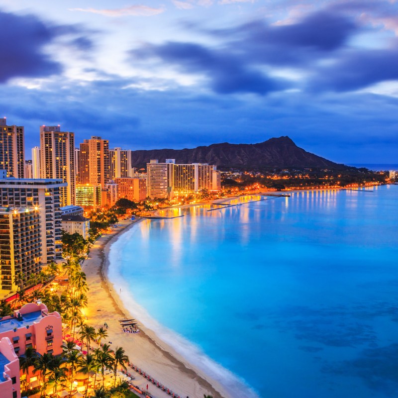 Honolulu, Hawaii. Skyline of Honolulu, Diamond Head volcano including the hotels and buildings on Waikiki Beach.