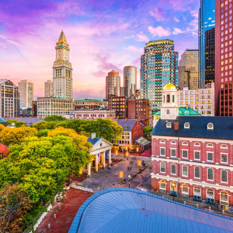 Boston, Massachusetts, USA historic skyline at dusk.