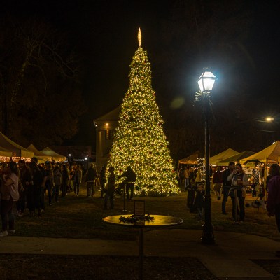 The lighted tree in the center of the Christmas market in Pendleton, South Carolina.