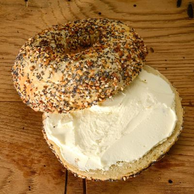 An Everything Bagel With Cream Cheese from The Works Cafe