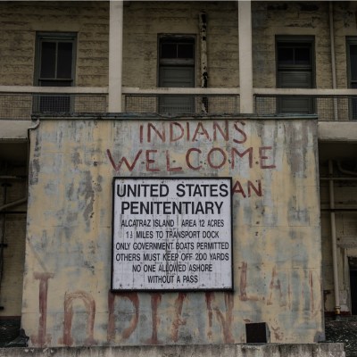 United States Penitentiary sign and Exterior View of Alcatraz Prison, California, USA