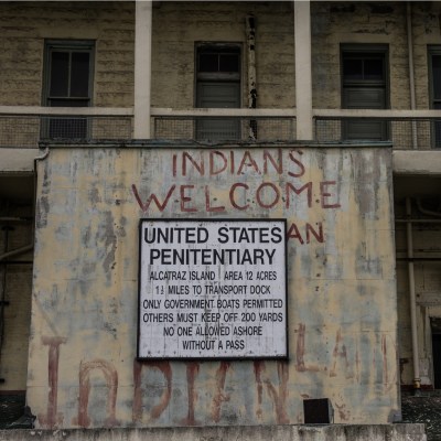 United States Penitentiary sign and Exterior View of Alcatraz Prison, California, USA