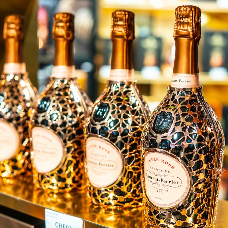 Laurent-Perrier champagne bottles on a shelf