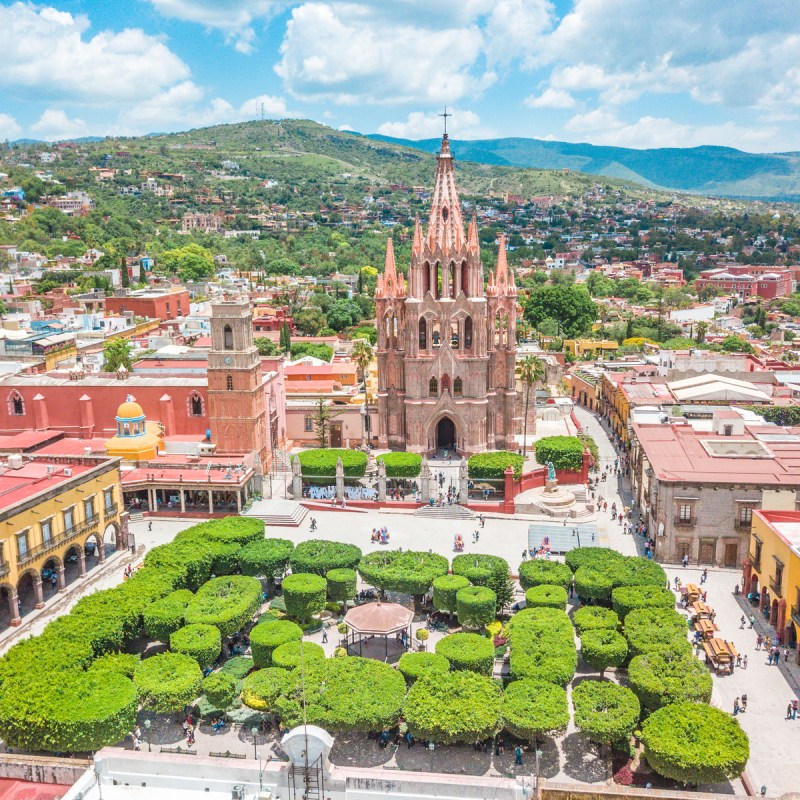 Beautiful aerial view of the main square of San Miguel de Allende in Guanajuato, Mexico