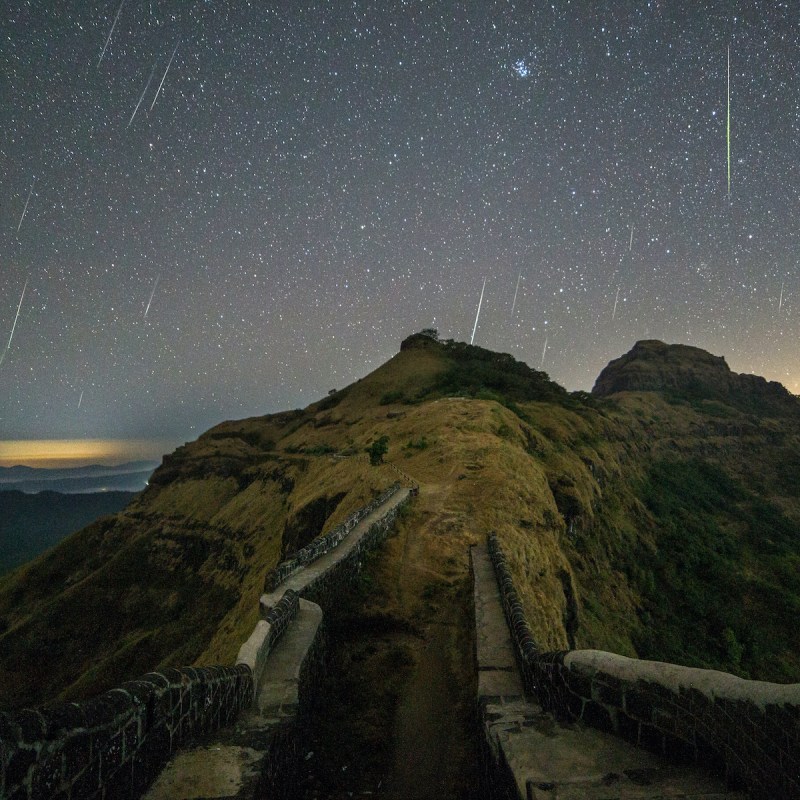Geminid meteor shower over Rajgad Fort in Maharashtra, India
