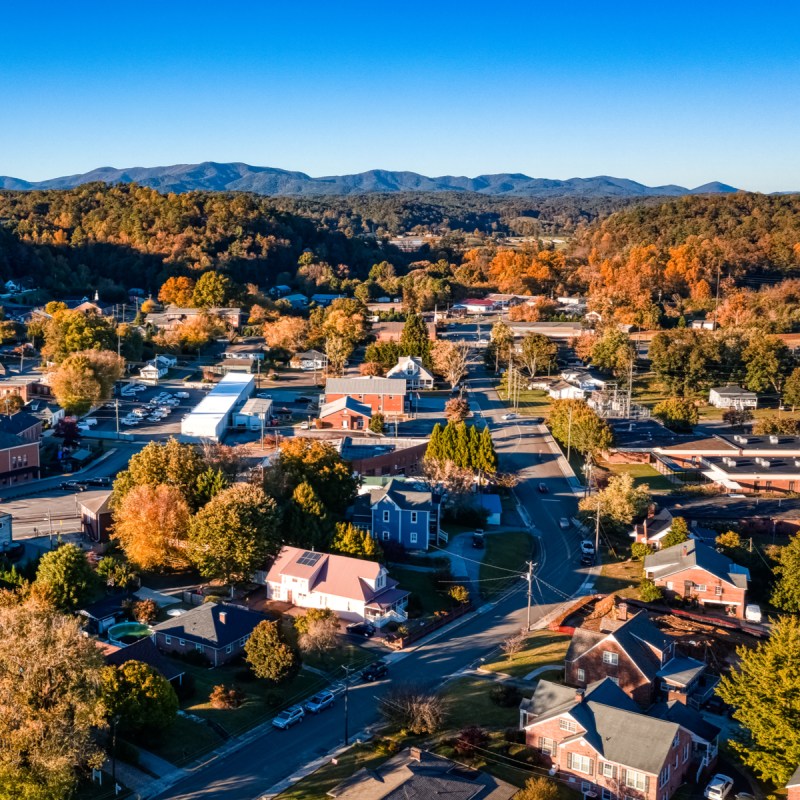 Aerial photo of Ellijay, Georgia, the Apple Capital of Georgia.