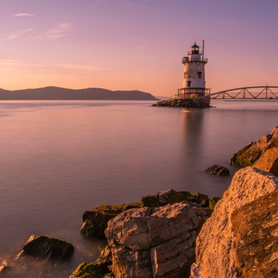 Sleepy Hollow lighthouse, in New York State's Hudson Valley, viewed at sunset.