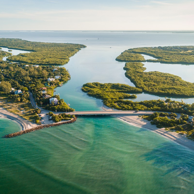 aerial view during sunrise of Captiva Island and Sanibel Island.