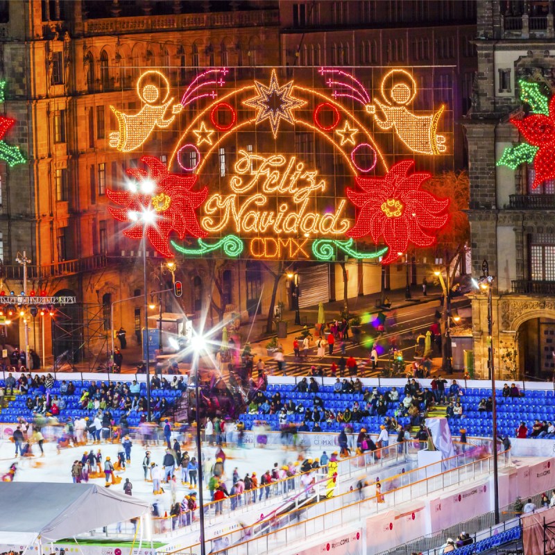 Mexico City Zocalo Christmas Night Celebration Ice Skating Rink, Feliz Navidad is Spanish for Merry Christmas.