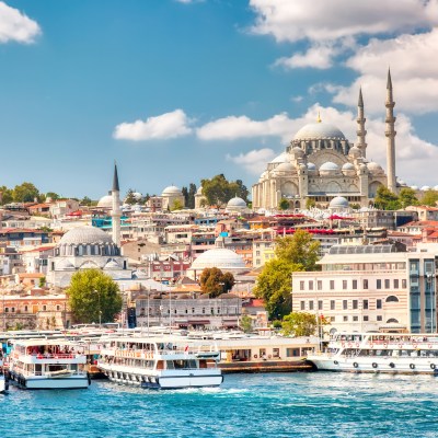 Touristic sightseeing ships in Golden Horn bay of Istanbul