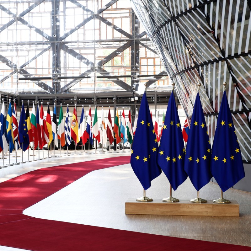 EU flags in EU Council building during the EU Summit.