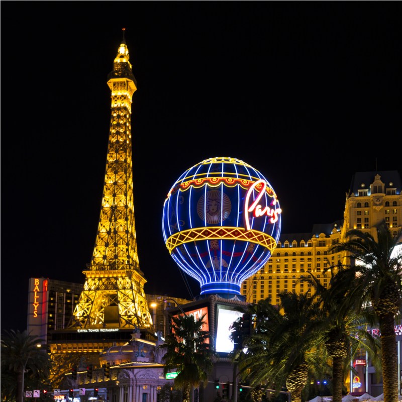 Famous Vegas Strip in Las Vegas as seen at night.