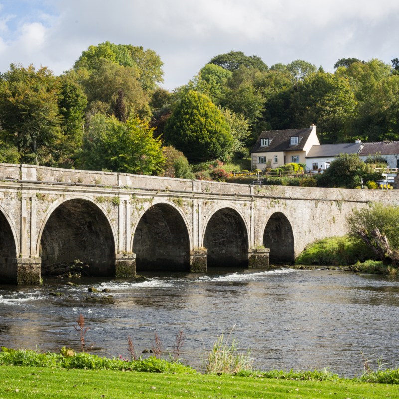 The historic and beautiful Ten Arch stone Bridge over River Nore in Inistioge, Kilkenny, Ireland