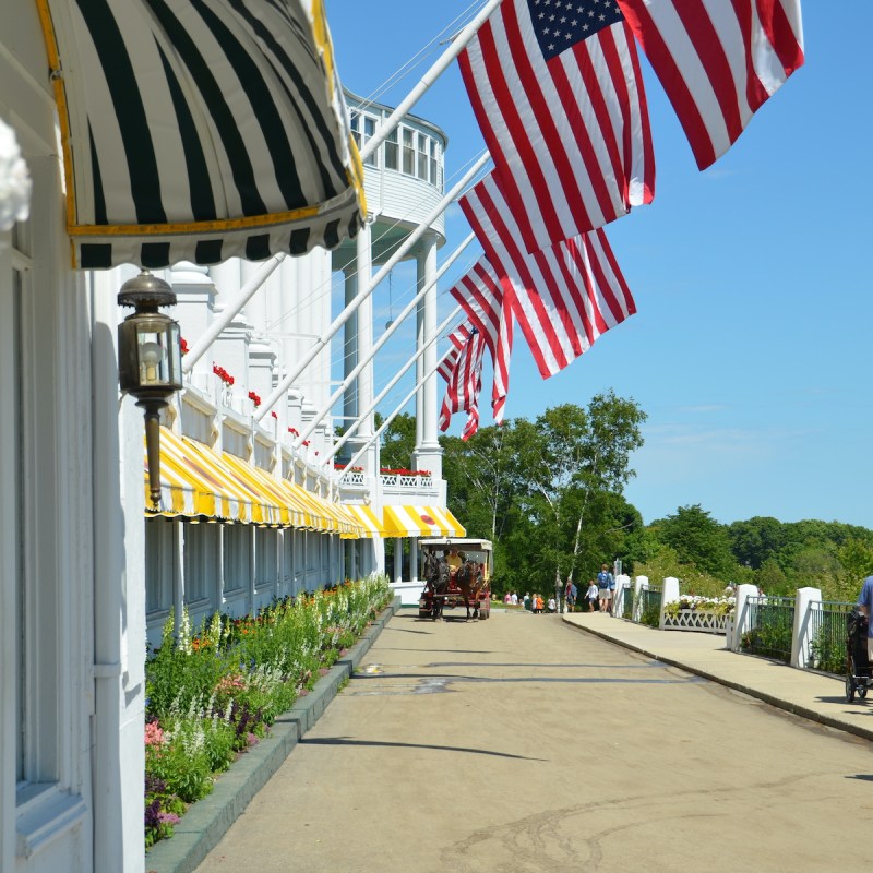 Entrance to Mackinac Island's historic Grand Hotel.