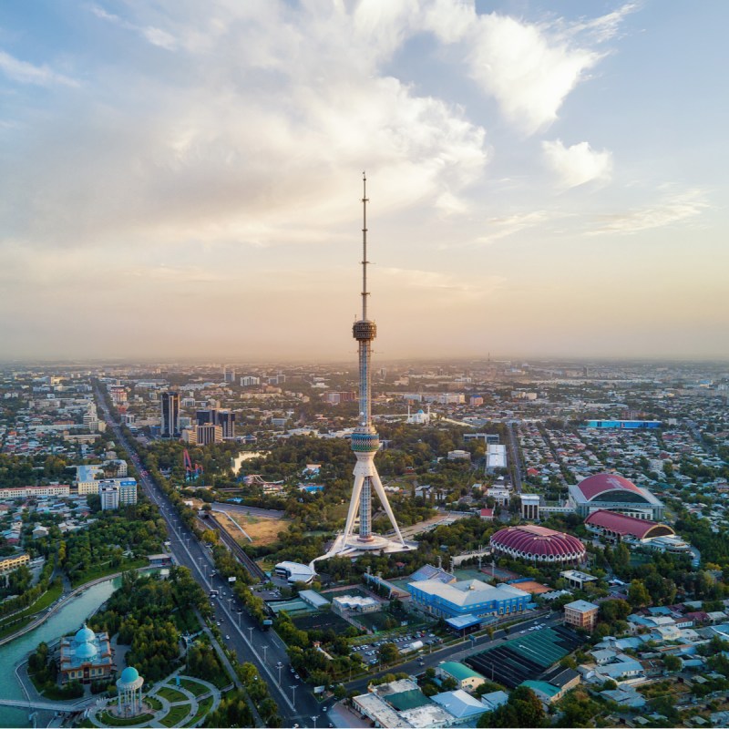 Tashkent TV Tower Aerial Shot During Sunset in Uzbekistan