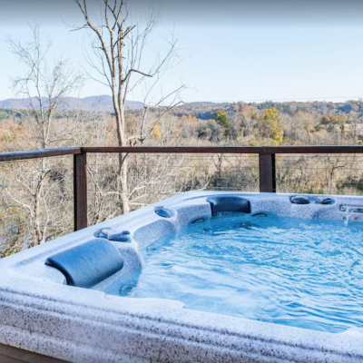 hot tub at vacation home in Asheville looking out over Blue Ridge Mountains