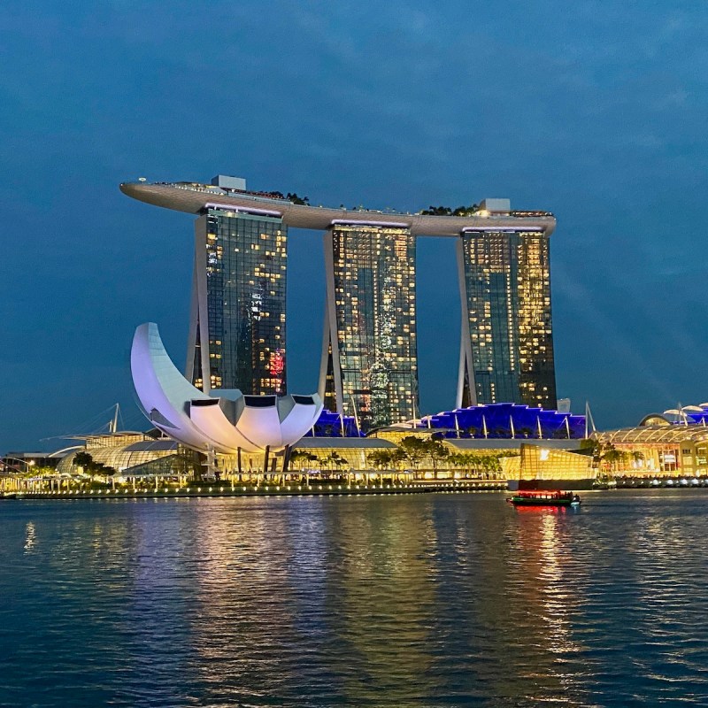 View of Marina Bay Sands from the Esplanade at Sunset