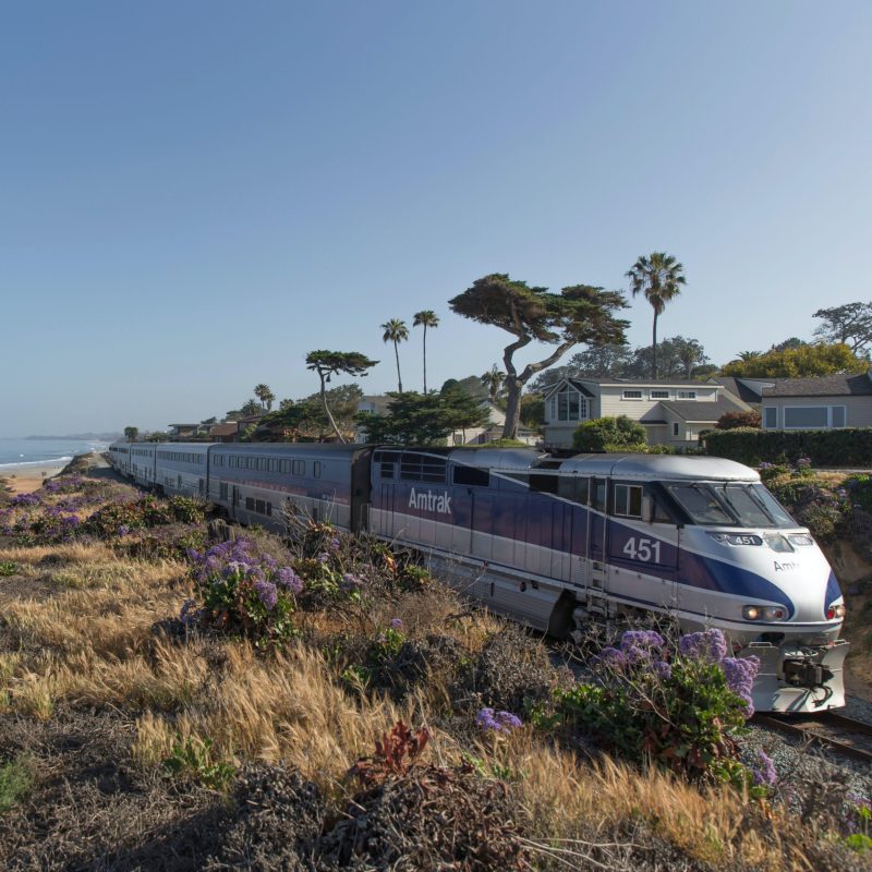 An Amtrak train in Solana Beach, California.