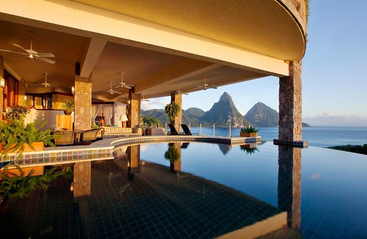 View over the ocean towards the Piton volcanoes from the pool of the Jade Mountain Resort St. Lucia