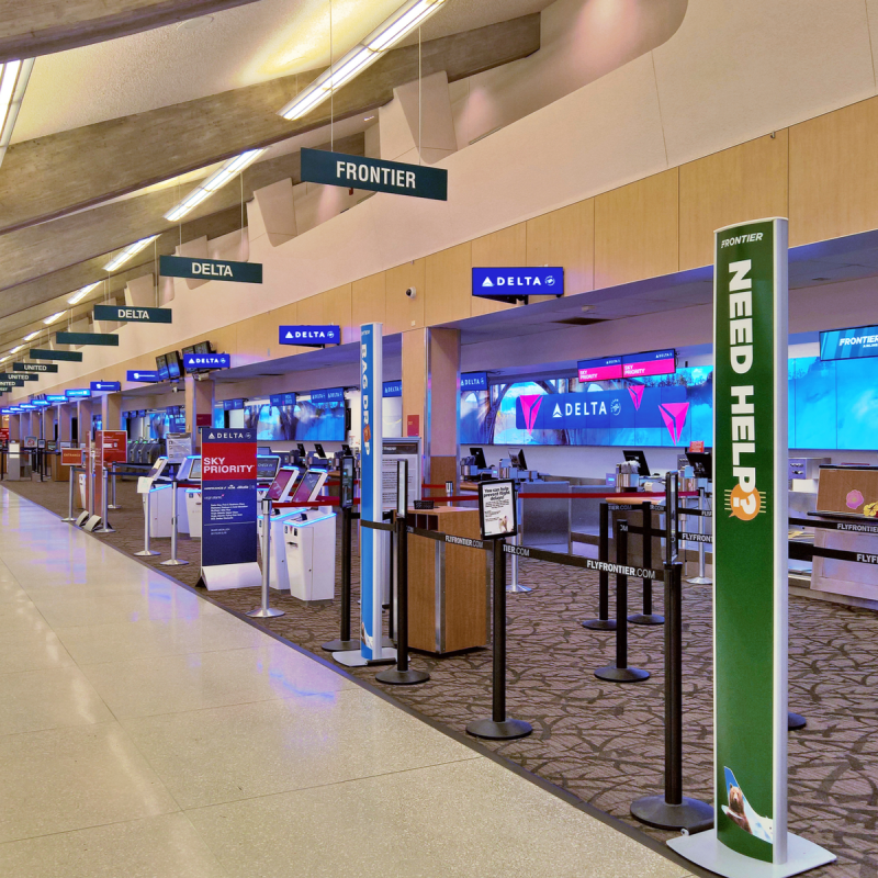 An empty ticketing hall in Terminal A/B at Spokane International Airport (GEG).