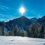 Winter forest and snowy meadows at the cold sunny day. snow covered trees and sunny sky with veil clouds in Bregenz forest.