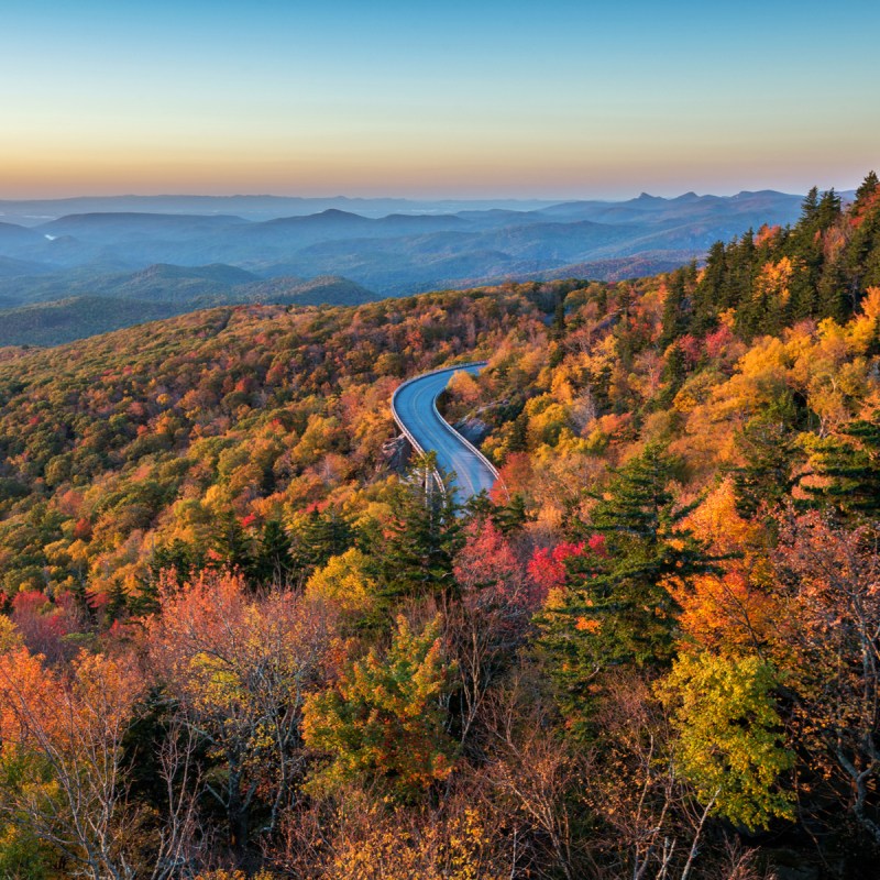 Lynn Cove Viaduct snakes along the side of Grandfather Mountains along the Blue Ridge Parkway in North Carolina