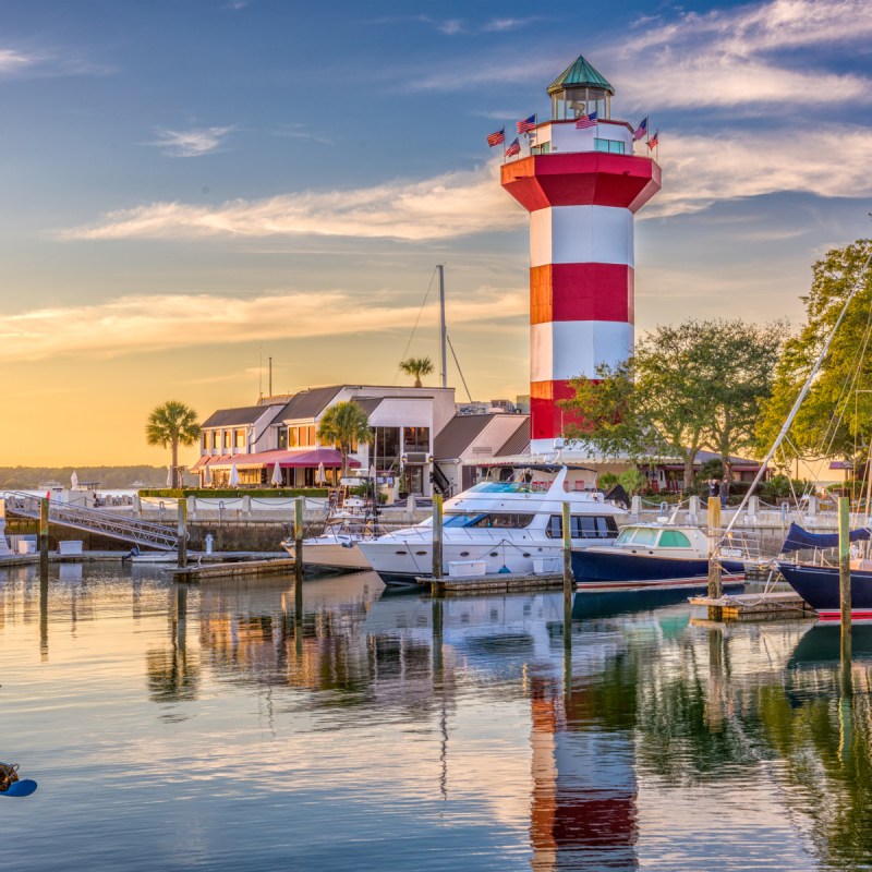 Hilton Head, South Carolina, lighthouse at dusk.