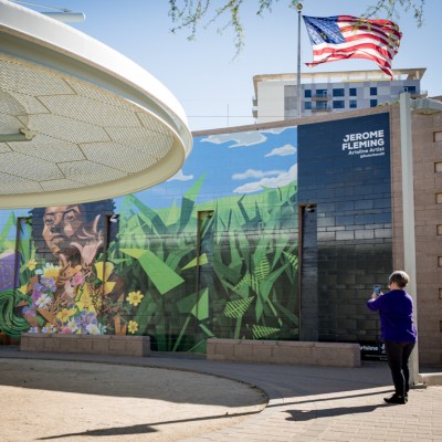 "Representation Matters" mural and the kinetic shade trellis along the Valley Metro Rail in Phoenix, Arizona.