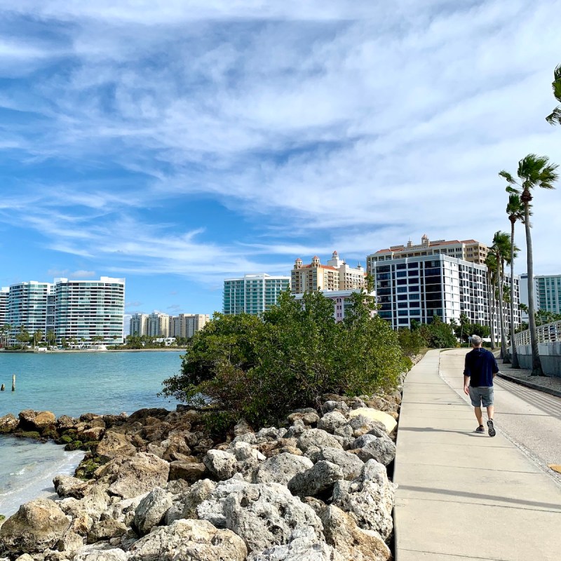 Walking on the Ringling Causeway in Sarasota, Florida.