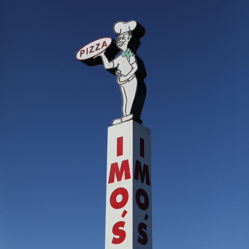 Imo's Pizza sign in St. Louis, Missouri.