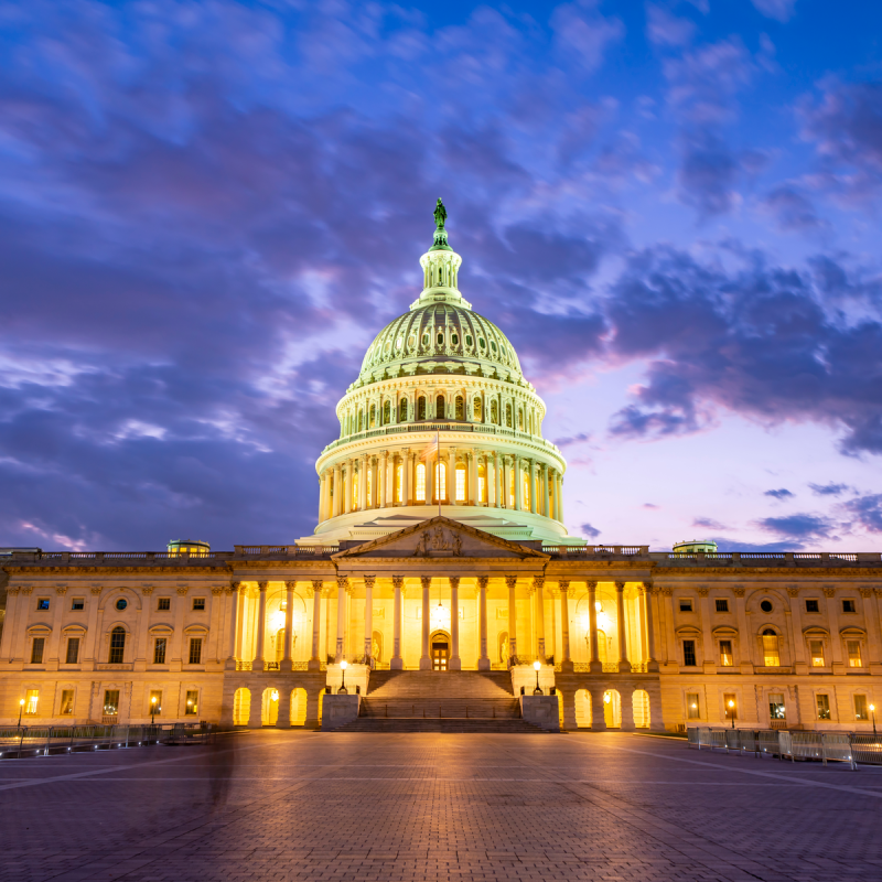 The United States Capitol at night.