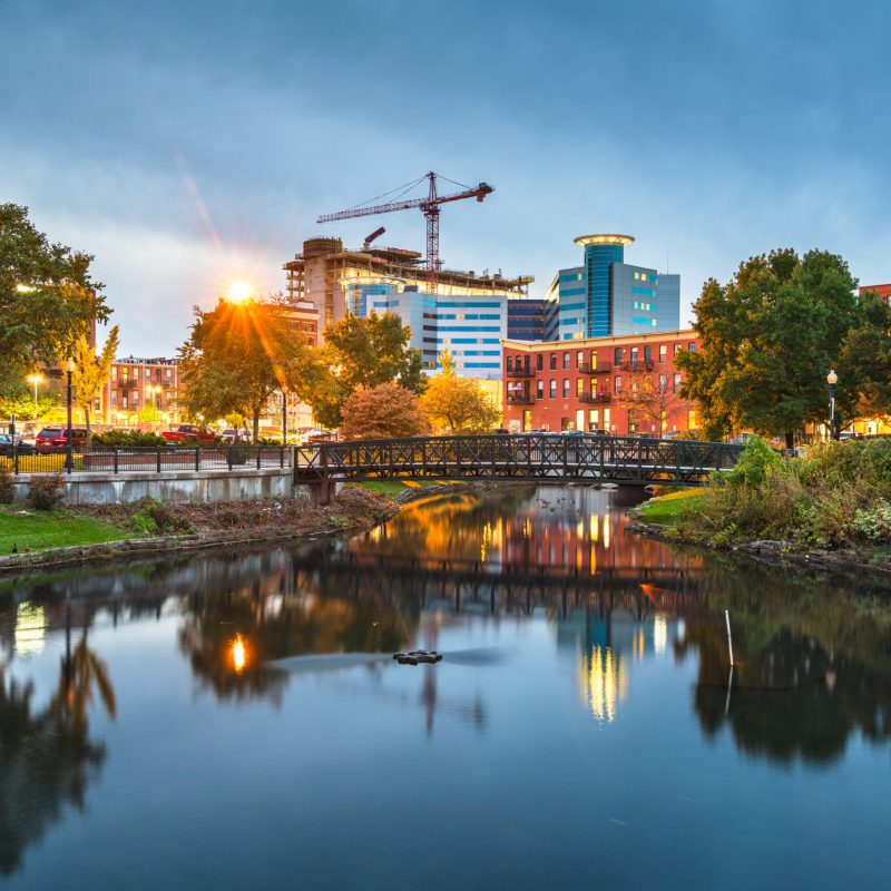 Kalamazoo, Michigan downtown cityscape and park at dusk