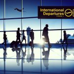 International travelers walking through airport