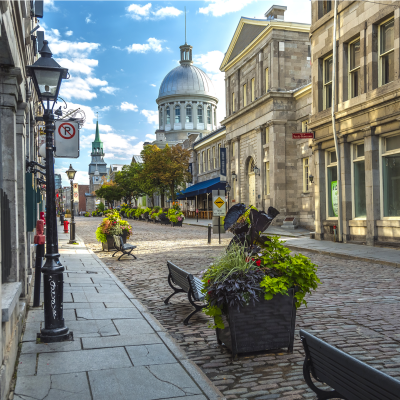 old Montreal early morning summer cobbled streets.